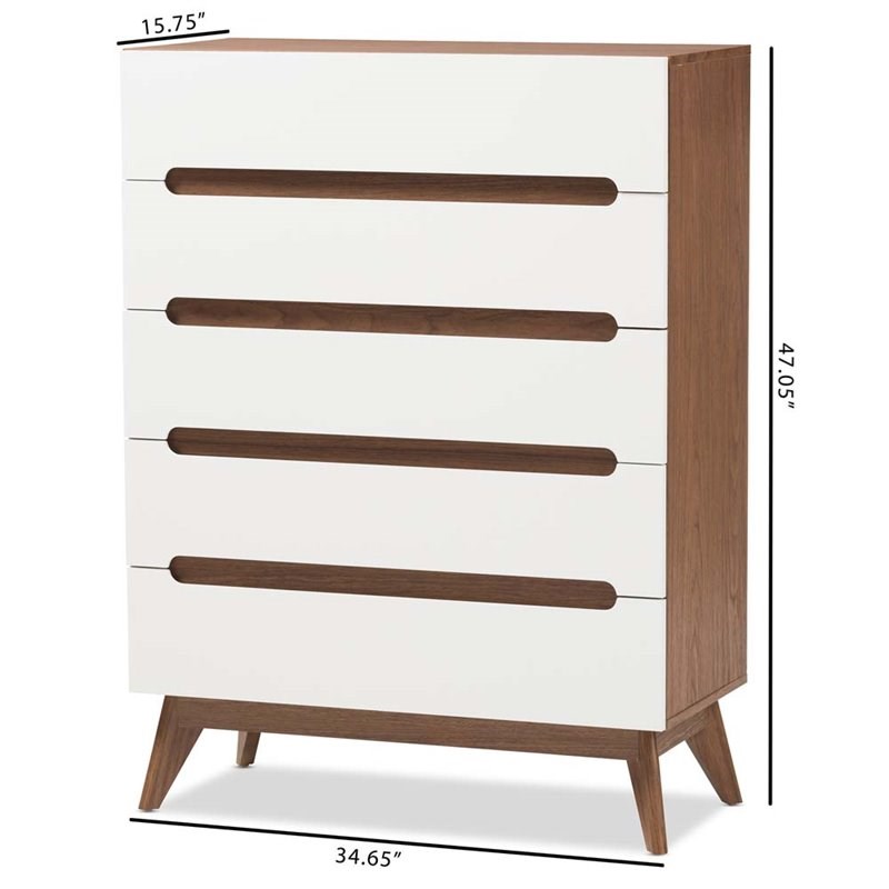 Bowery Hill Mid-Century 5 Drawer Chest in White and Walnut