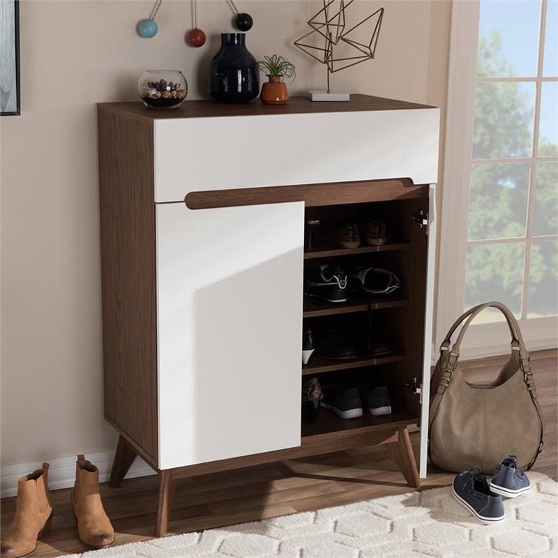Bowery Hill Modern Storage Shoe Cabinet in White and Walnut