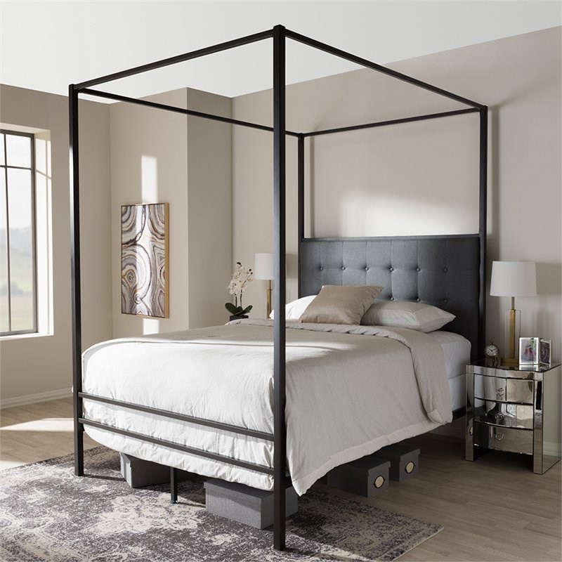 Bowery Hill Vintage Industrial Queen Poster Metal Canopy Bed in Black