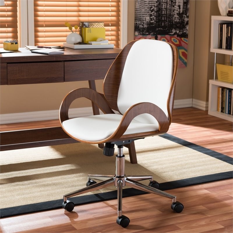 Bowery Hill Contemporary Faux Leather Office Chair in White and Walnut