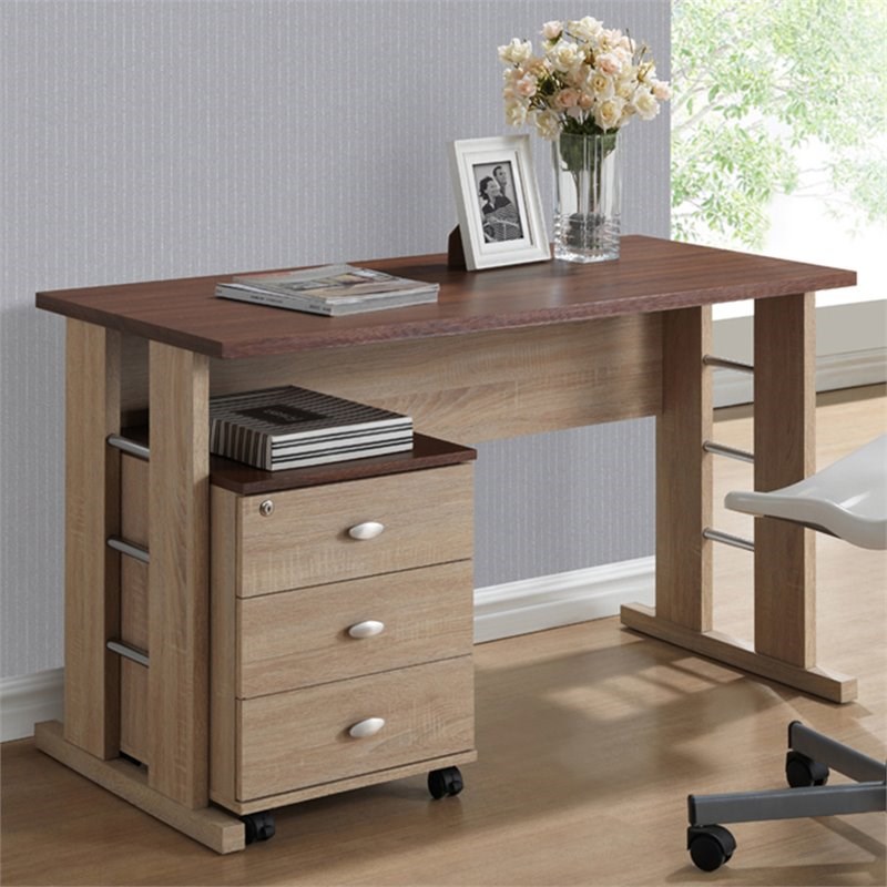 Bowery Hill Modern Writing Desk and File Cabinet in Brown and Gray
