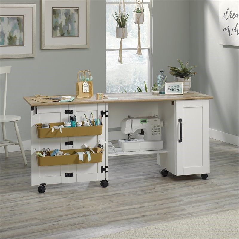 Bowery Hill Craft & Hobby Contemporary Wood Sewing Craft Table in Soft White