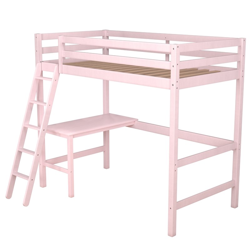 Bowery Hill Kids & Teen Twin Loft Bed with Build in Desk in Pink