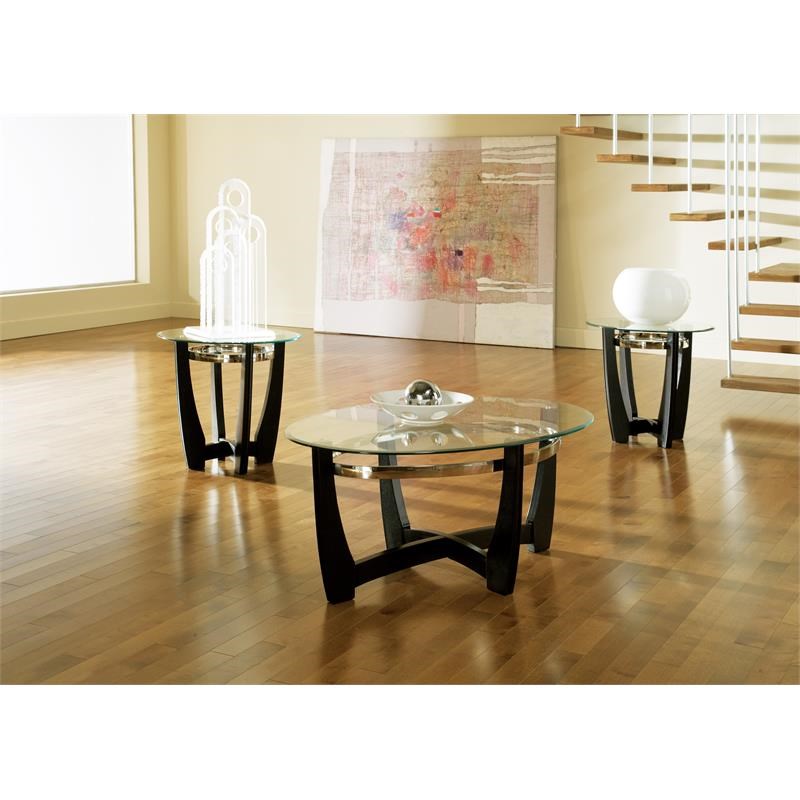 Bowery Hill Contemporary 3 Piece Glass Top Coffee Table Set in Ebony