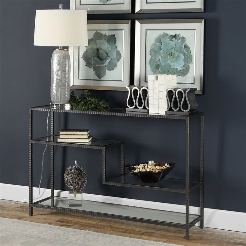 Bowery Hill Modern Glass Accent Console Table in Aged Gunmetal