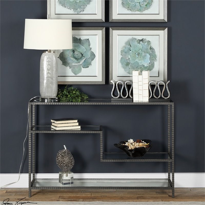 Bowery Hill Modern Glass Accent Console Table in Aged Gunmetal