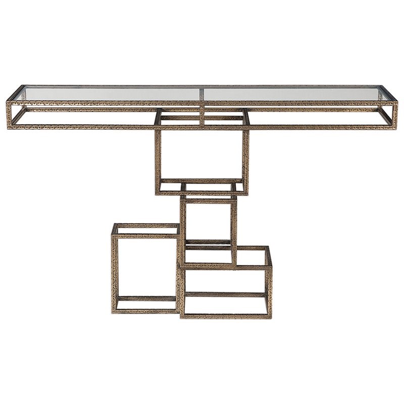 Bowery Hill Glass Top Accent Console Table in Gold and Bronze