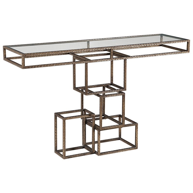 Bowery Hill Glass Top Accent Console Table in Gold and Bronze
