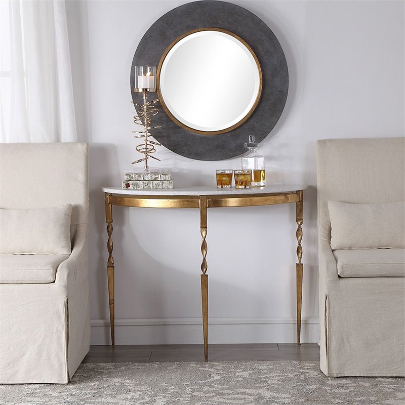 Bowery Hill Marble Top Demilune Accent Console Table in White