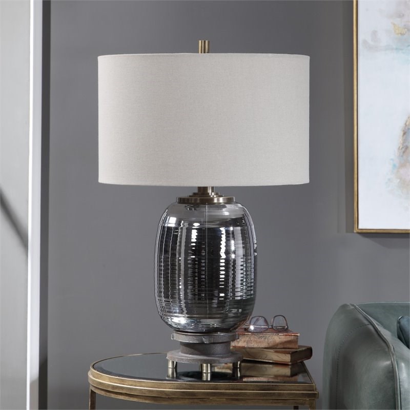 Bowery Hill Contemporary Amber Glass Table Lamp in Brushed Brass