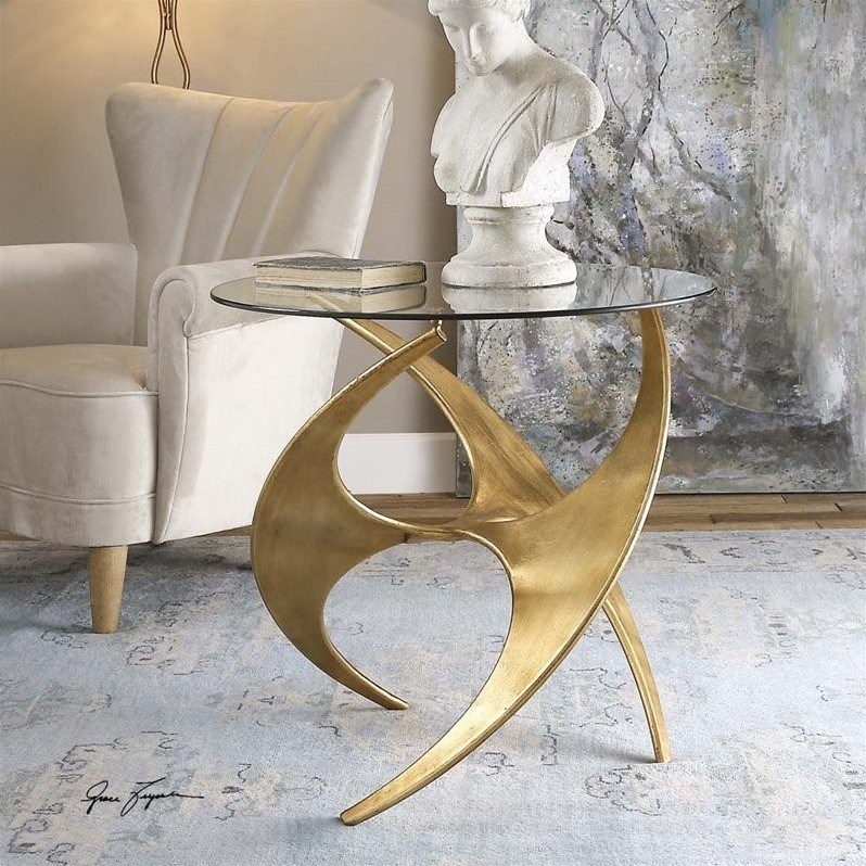 Bowery Hill Contemporary Glass Accent Table in Antique Gold