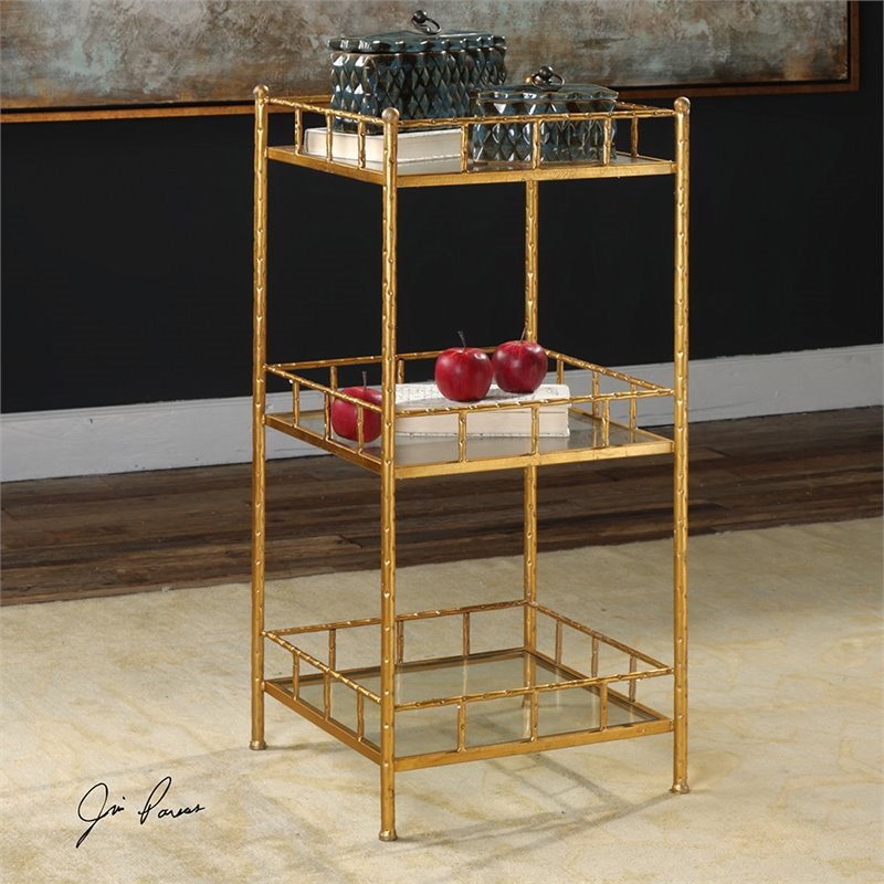 Bowery Hill Contemporary 3 Shelf Glass Accent Table in Gold