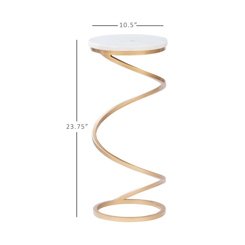 Bowery Hill Spiral Modern White Marble and Metal Accent Drink Table in Gold