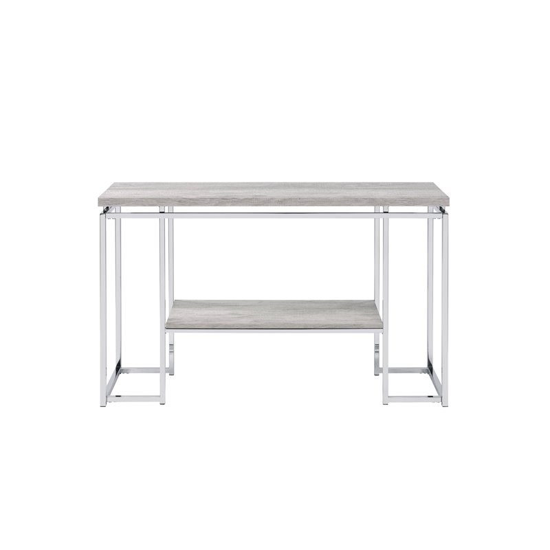 Bowery Hill Contemporary Metal Sofa Table in Natural Oak & Chrome