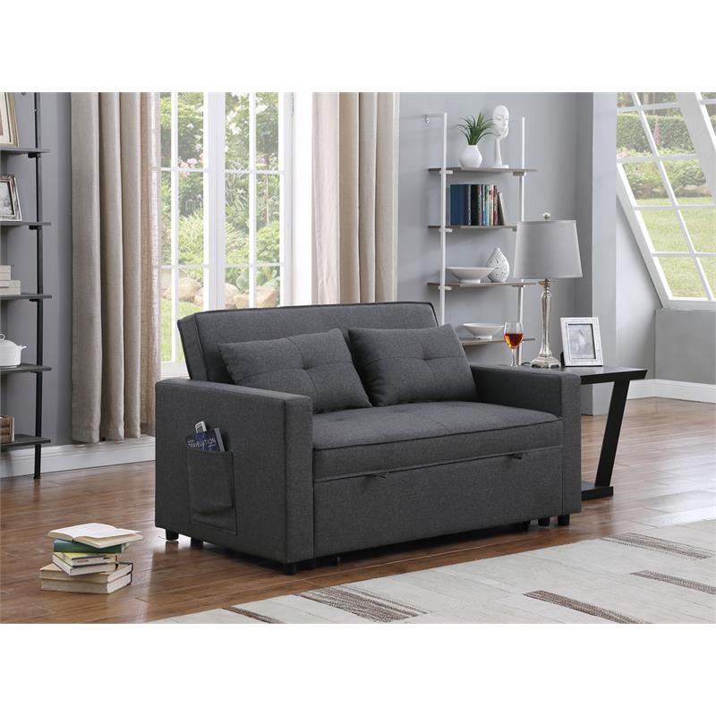 Bowery Hill Dark Gray Linen Fabric Convertible Sleeper Loveseat with ...