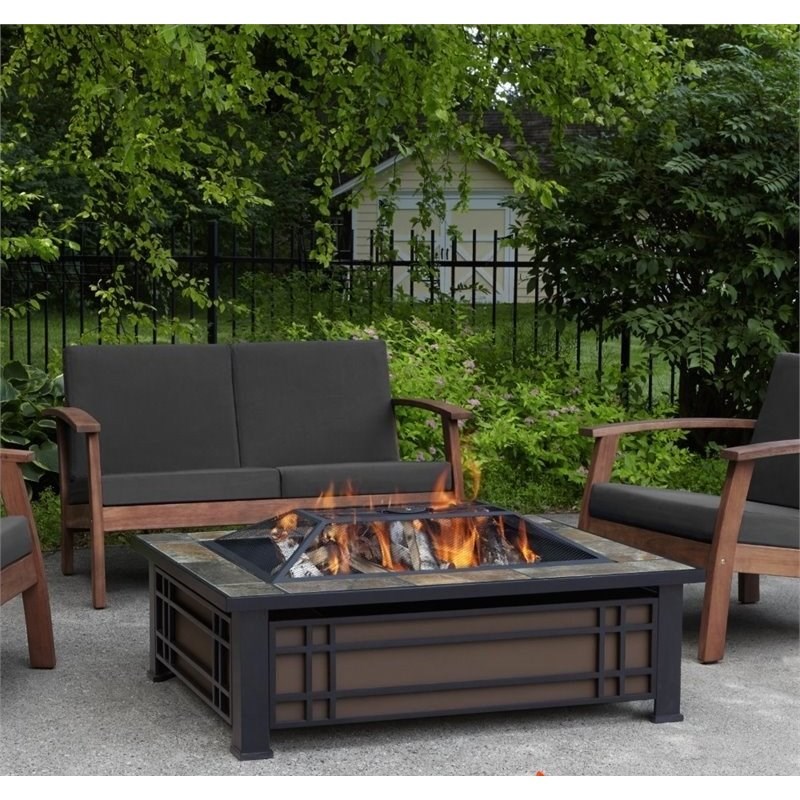 Bowery Hill Contemporary Wood Burning Fire Pit in Natural Slate Tile