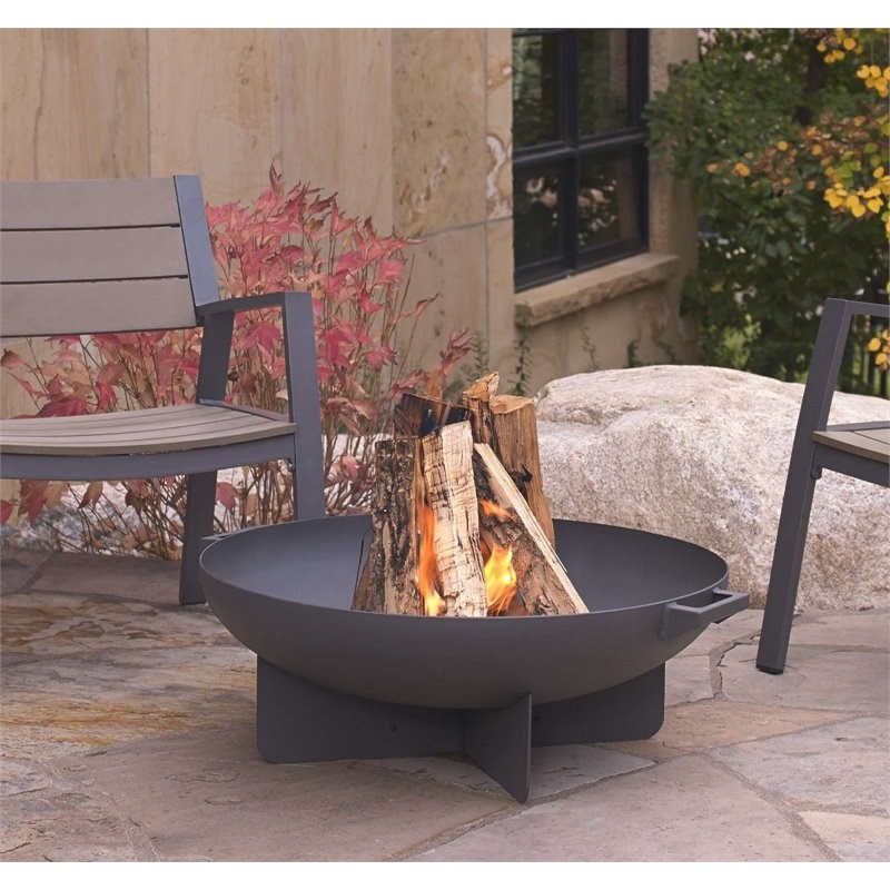 Bowery Hill Mid-Century Outdoor Steel Fire Bowl in Gray