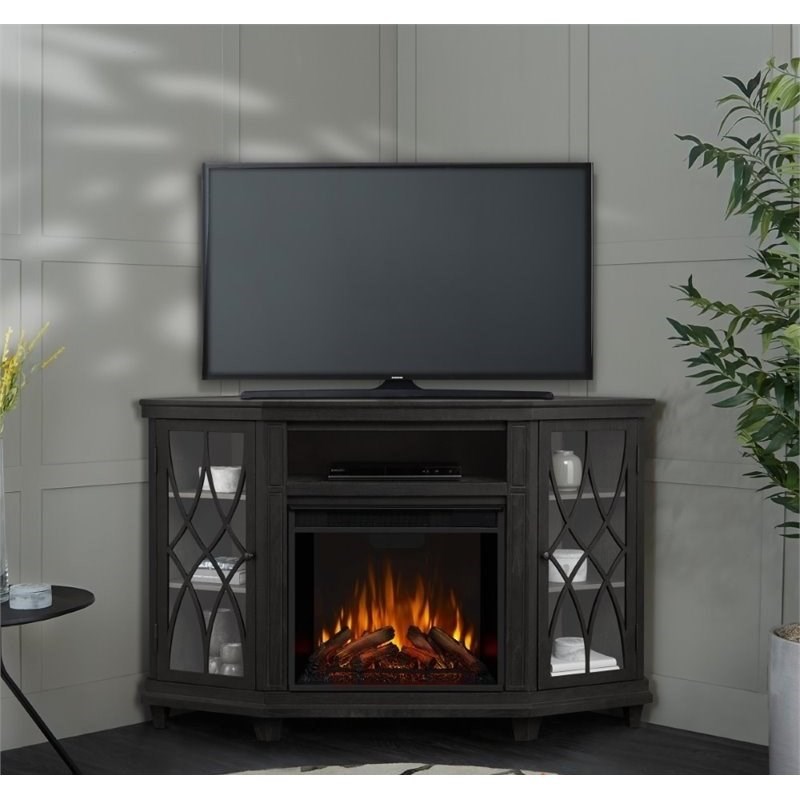 Bowery Hill Modern Solid Wood Corner Fireplace TV Stand in Gray