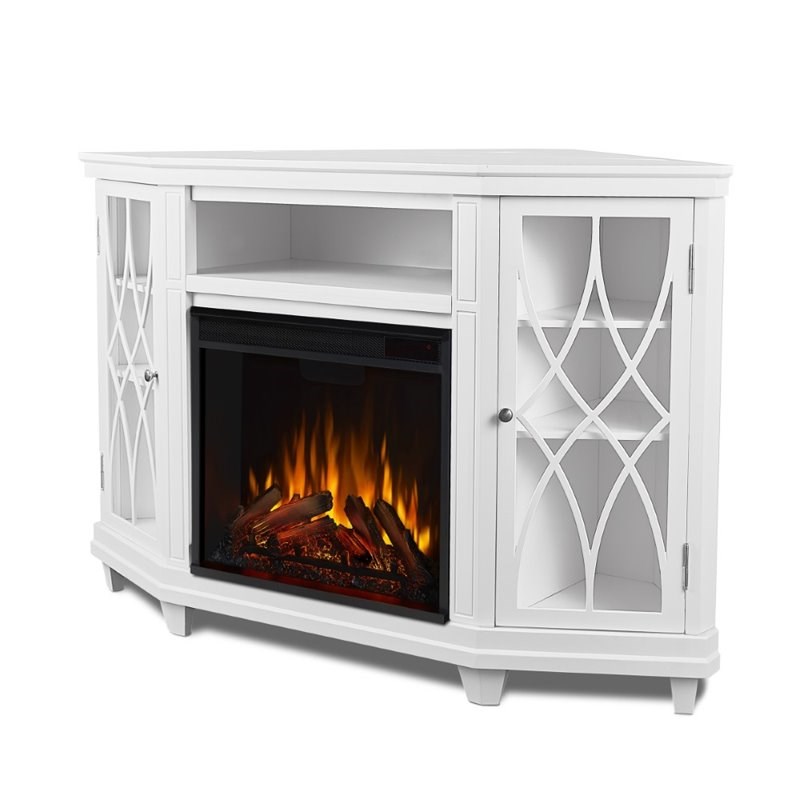 Bowery Hill Modern Solid Wood Corner Fireplace TV Stand in White