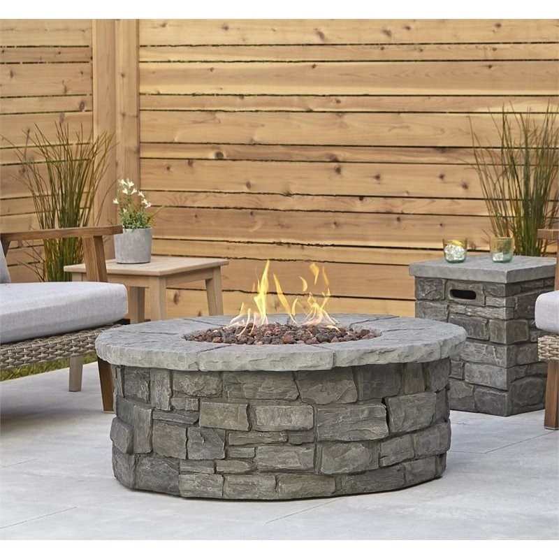 Bowery Hill Contemporary Round Propane Fire Table with Conversion Kit in Gray