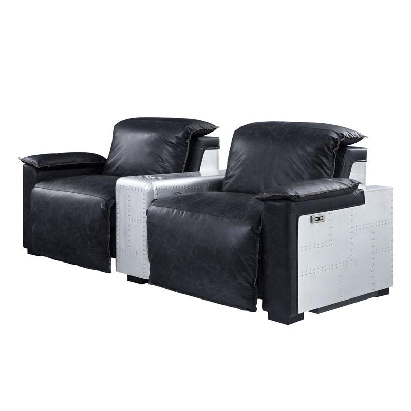Bowery Hill Modern Power Recliner in Black Top Grain Leather & Aluminum