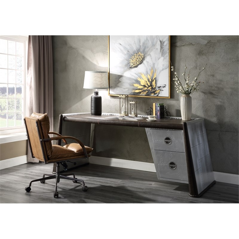 Bowery Hill Farmhouse Desk in Distress Chocolate Top Grain Leather and Aluminum