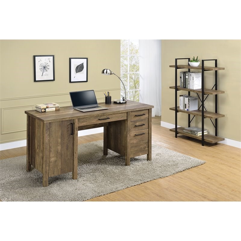 Bowery Hill Farmhouse 4 Drawer Adjustable Shelf Office Desk in Rustic Oak