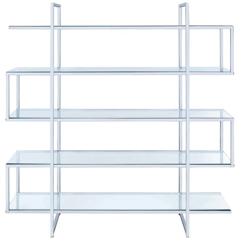 Bowery Hill 5 Shelf Contemporary Clear Glass Top Bookcase in Chrome