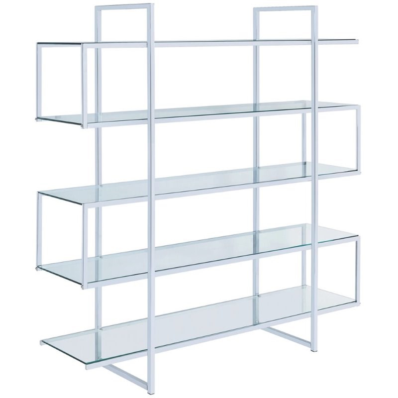Bowery Hill 5 Shelf Contemporary Clear Glass Top Bookcase in Chrome