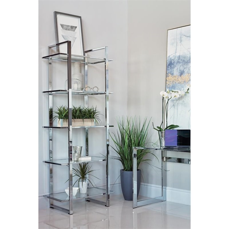 Bowery Hill 5 Tier Glass Shelf Bookcase in Chrome