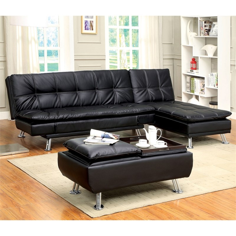 Bowery Hill Contemporary Tufted Faux Leather Chaise Lounge in Black
