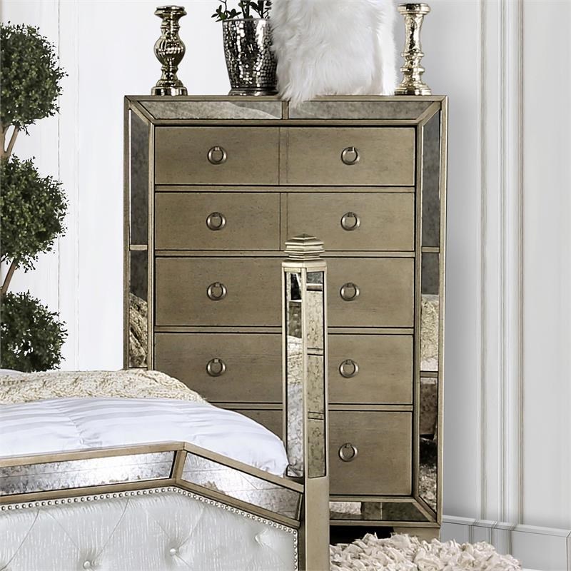 Bowery Hill Contemporary Wood 5-Drawer Mirror Panel Chest in Champagne