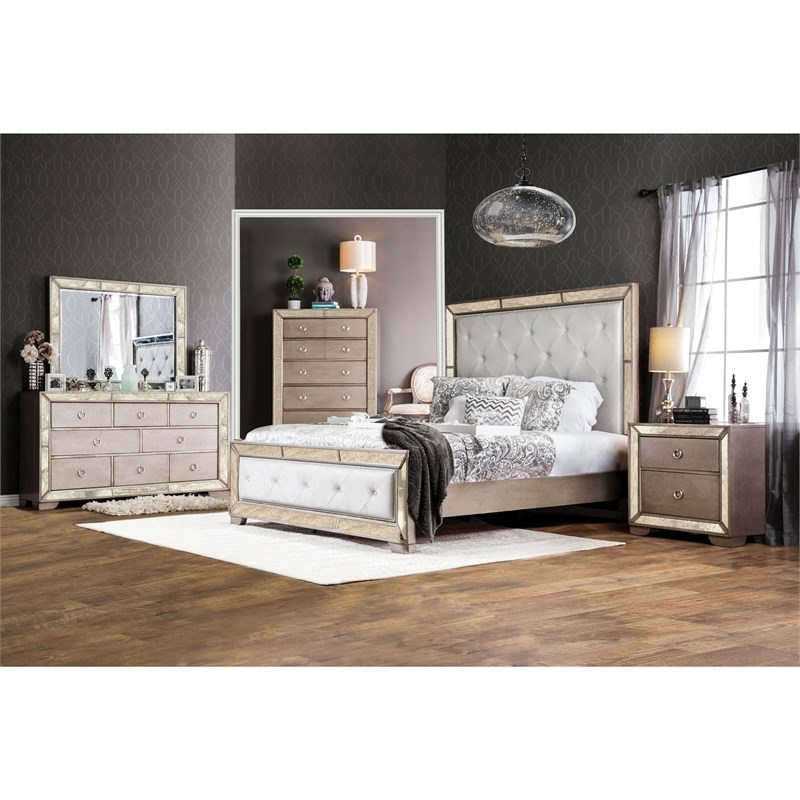 Bowery Hill Contemporary Wood 5-Drawer Mirror Panel Chest in Champagne