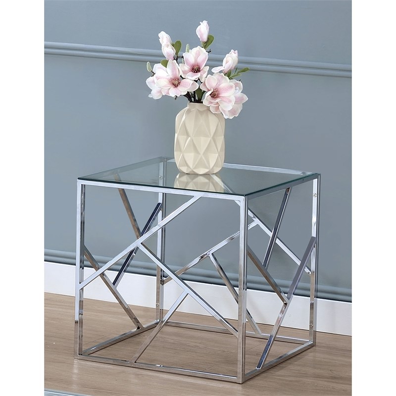 Bowery Hill Contemporary 3 Piece Glass Top Coffee Table Set in Chrome