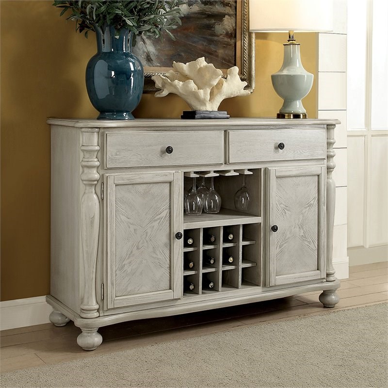 Bowery Hill Transitional Wood Wine Rack Buffet in Antique White