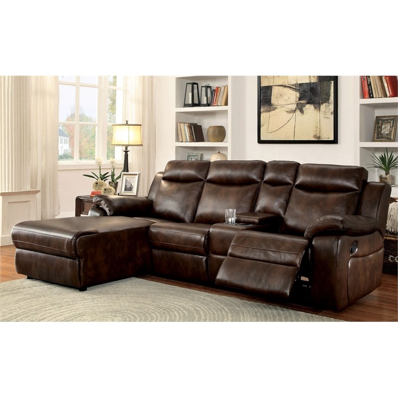 Bowery Hill Transitional Faux Leather Left Facing Reclining Sectional in Brown