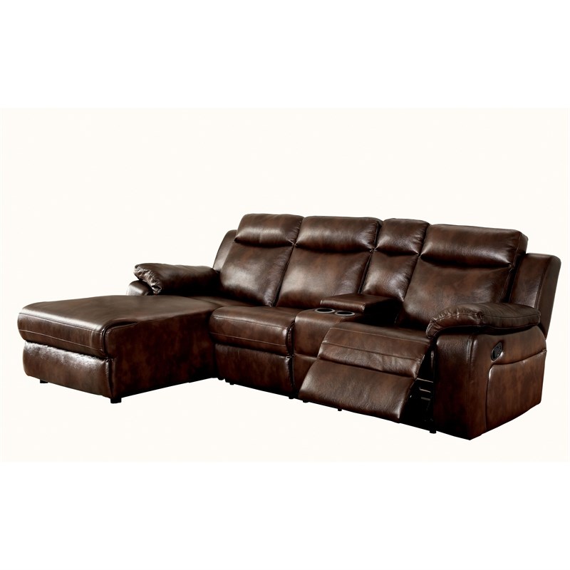 Bowery Hill Transitional Faux Leather Left Facing Reclining Sectional in Brown