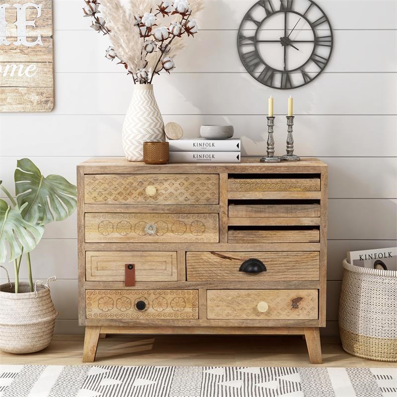 Bowery Hill Farmhouse Wood 9-Drawer Chest in Natural Tone