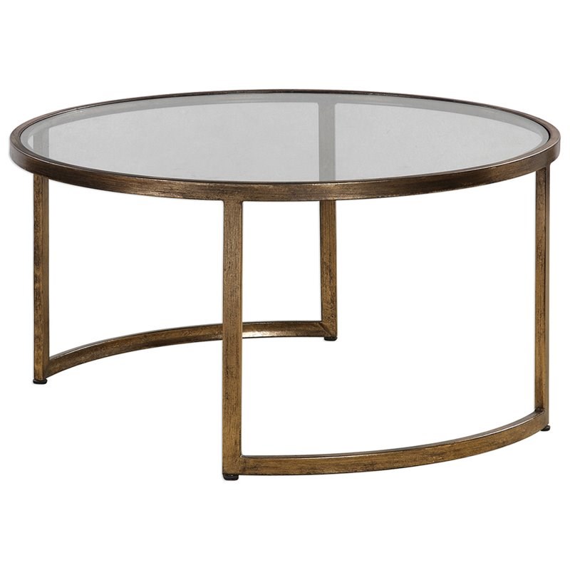 Bowery Hill Transitional 2 Piece Glass Top Nesting Coffee Table Set in Gold