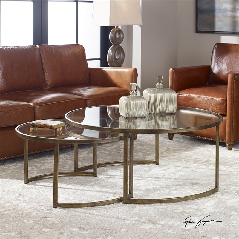 Bowery Hill Transitional 2 Piece Glass Top Nesting Coffee Table Set in Gold
