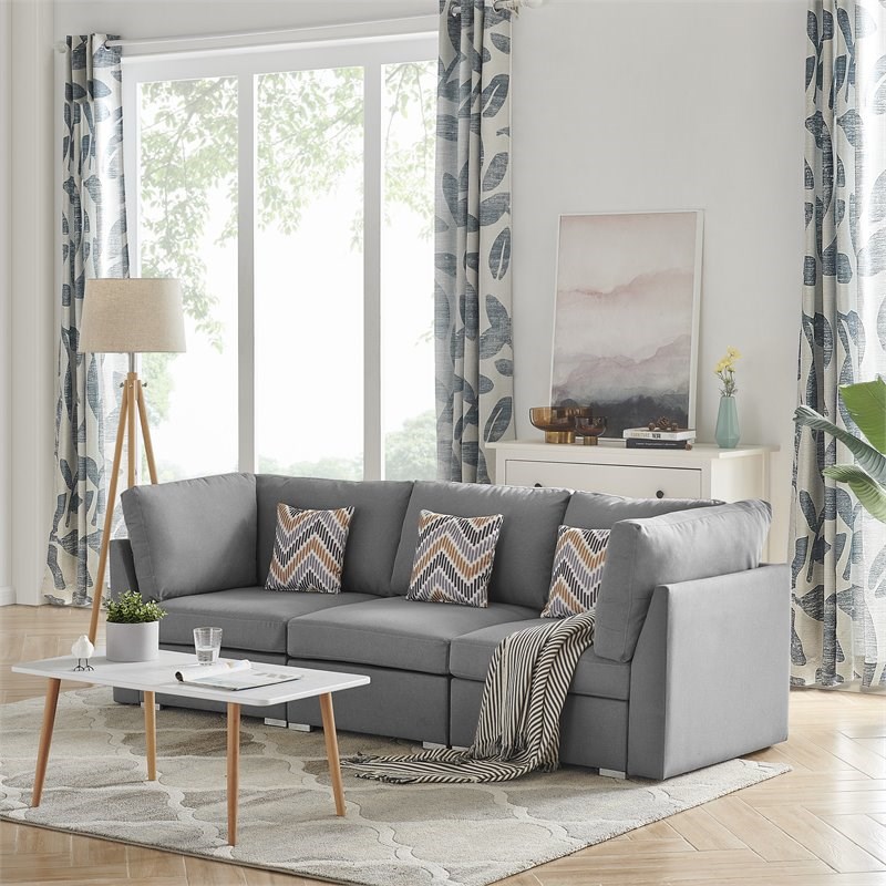 Bowery Hill Contemporary Gray Linen Fabric Sofa Couch with Pillows