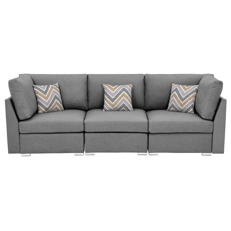 Bowery Hill Contemporary Gray Linen Fabric Sofa Couch with Pillows