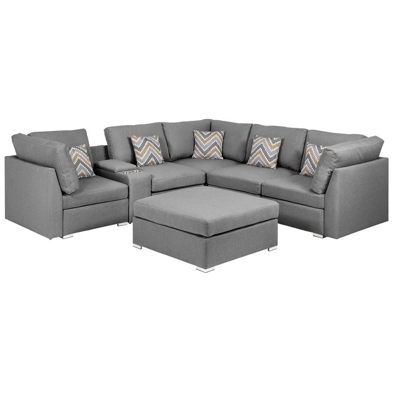 Bowery Hill Gray Fabric Reversible Sectional Sofa with USB Storage Console