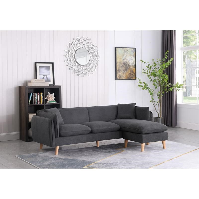 Bowery Hill Dark Gray Fabric Sectional Sofa Chaise Ottoman and 2 Pillows