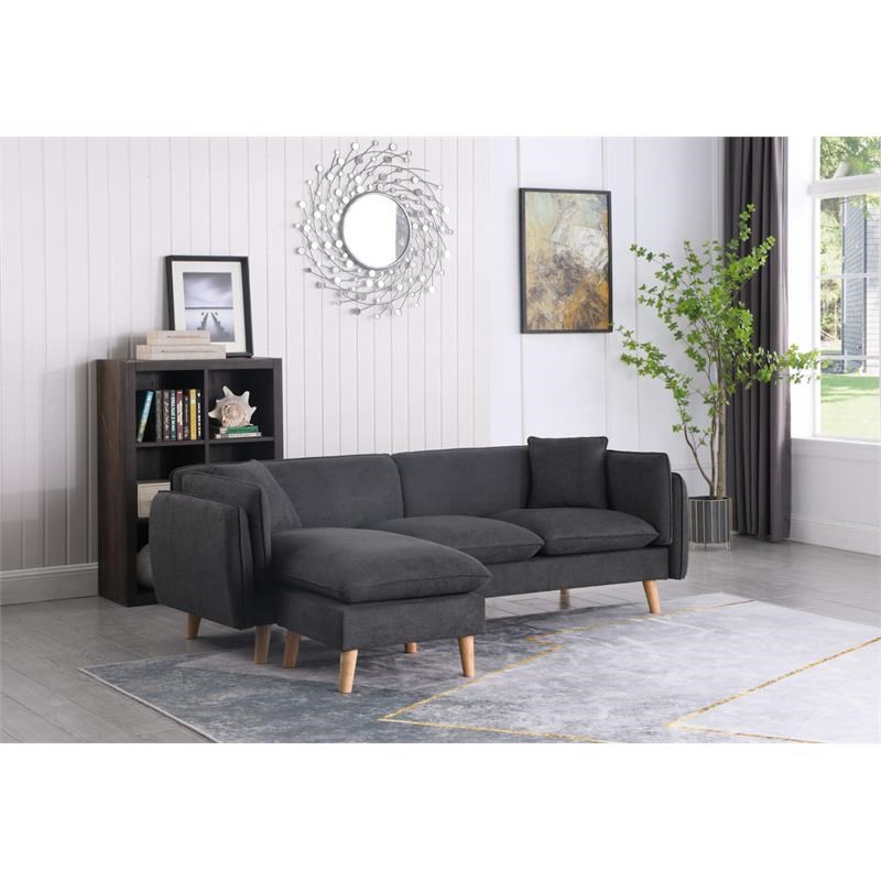 Bowery Hill Dark Gray Fabric Sectional Sofa Chaise Ottoman and 2 Pillows