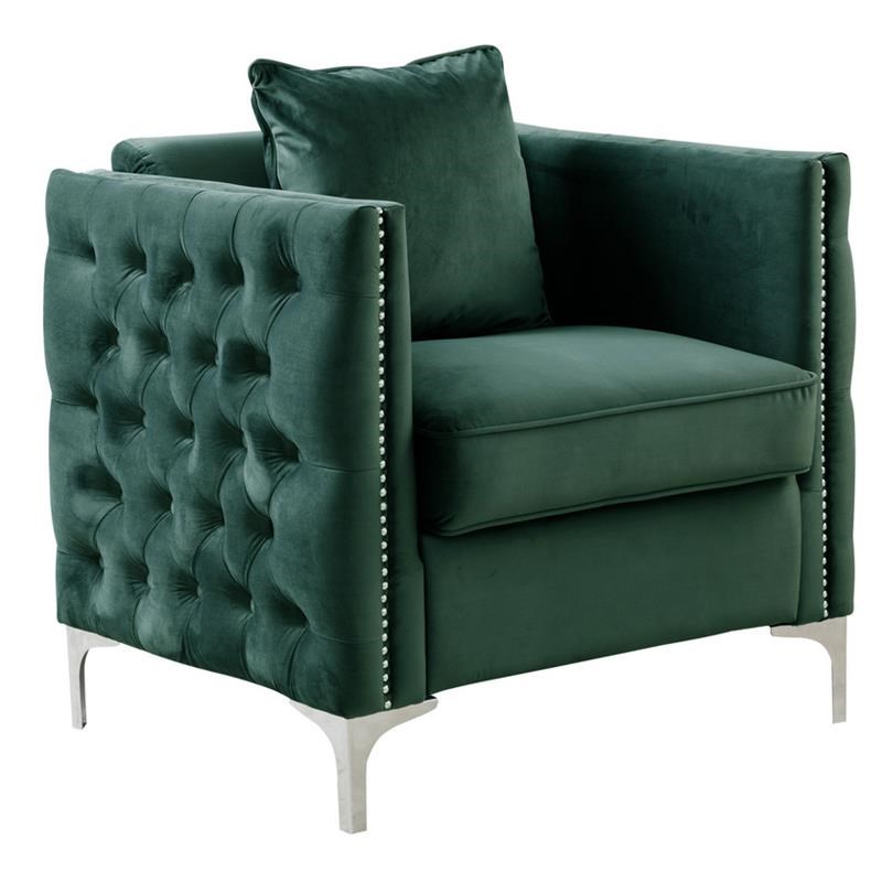 Bowery Hill Contemporary Green Velvet Chair with 1 Pillow