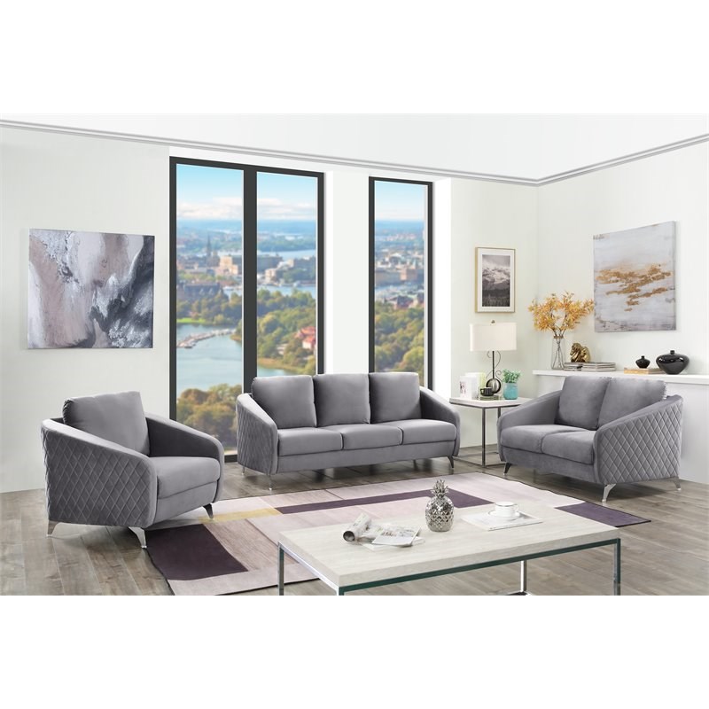 Bowery Hill Gray Velvet Elegant Modern Chic Sofa Couch with Chrome Metal Legs