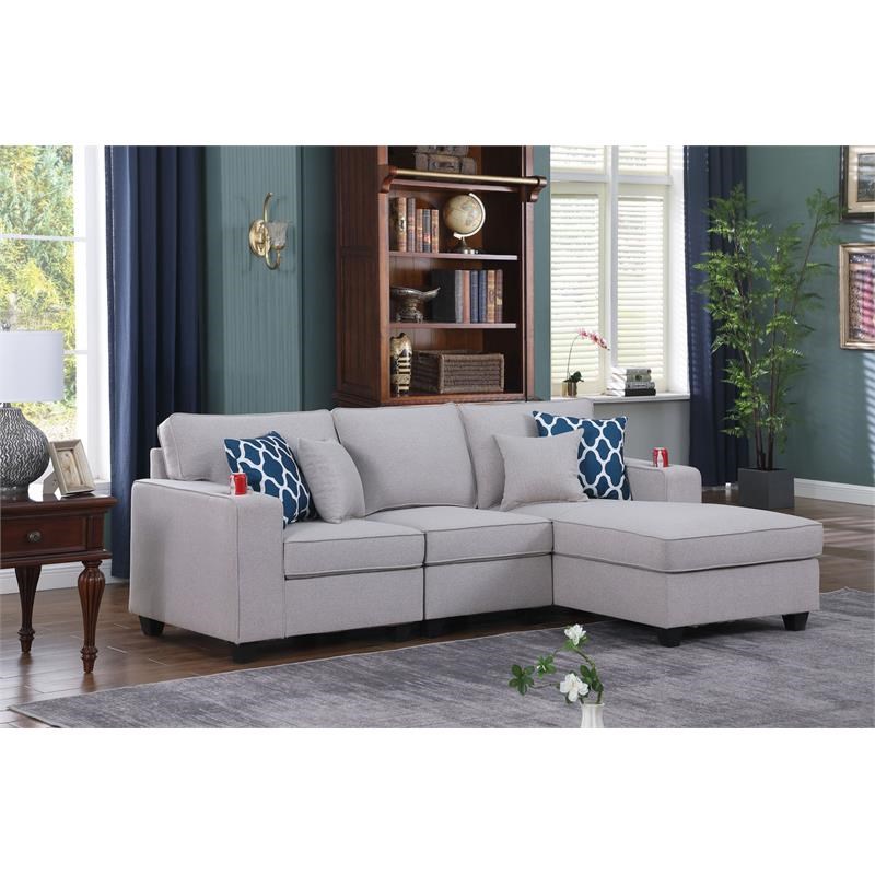 Bowery Hill Fabric Sectional Sofa Chaise in Light Gray Linen