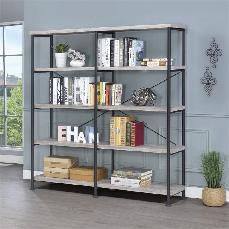 Bowery Hill Rustic Wooden 4 Shelf Country Bookcase in Gray Driftwood