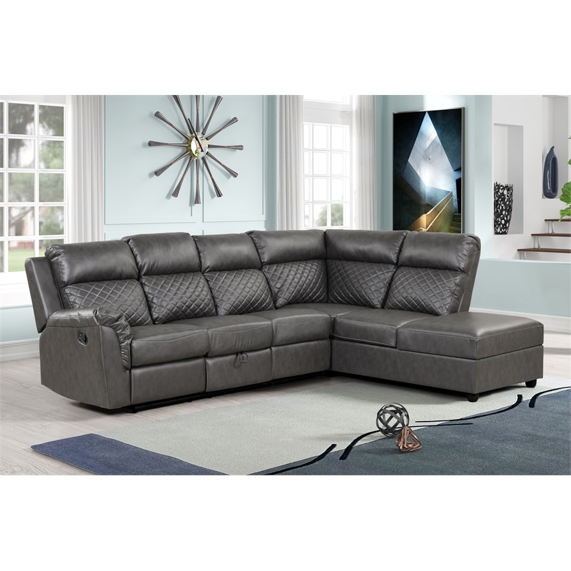 Bowery Hill Modern Contemporary Sectional Faux Leather Sofa in Gray